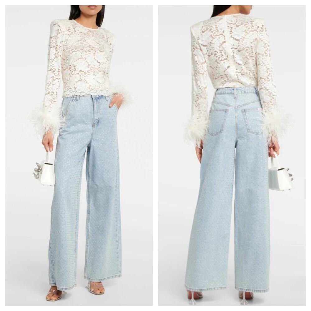 Self-Portrait Embellished Rhinestone-Studded Wide-Leg Jeans